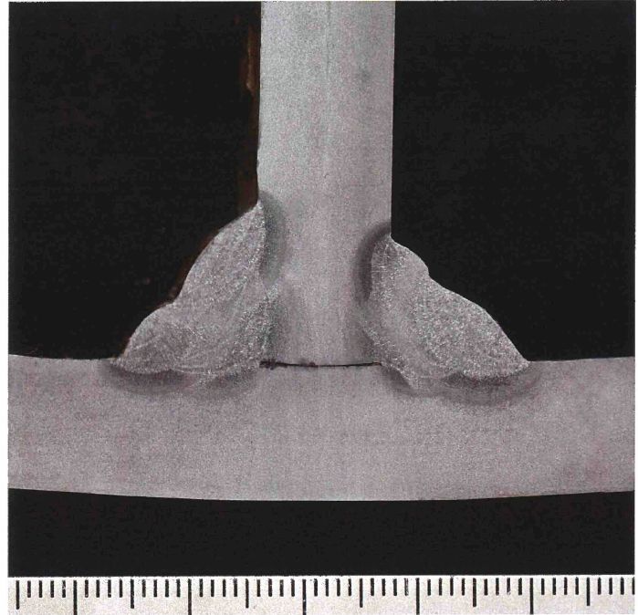 Fillet weld leg length verification on structural steel T-joint coupon